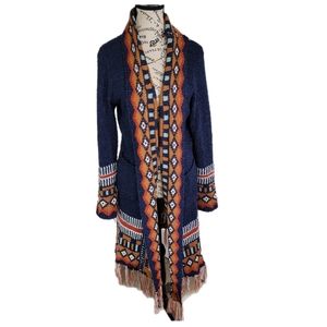 Tassel Hem Open Front Duster (Navy, Brick Red) Women's size Medium Pockets